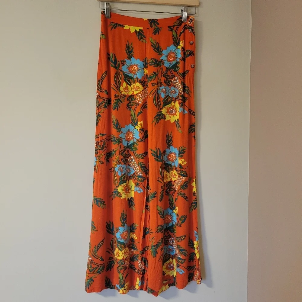 Free People Blue Horizon Wide Leg Flowy Tropical Boho Orange Floral Pants Size 4 - Picture 2 of 9